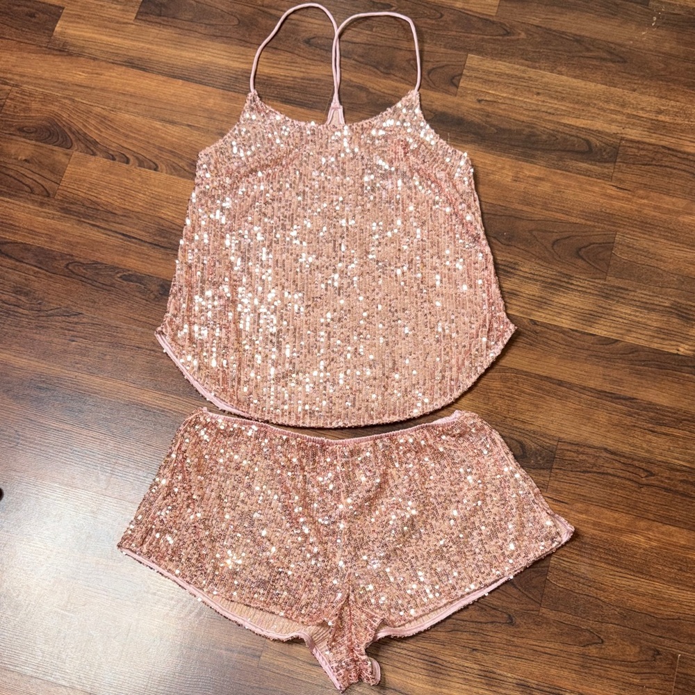 Victoria's Secret Rose Gold Sequin Cami & Short Pajama Set